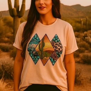 🏜️ Country Life Desert Diamond Tee | Peach Southwestern Cactus Graphic T-Shirt
